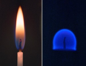 Eine Flamme (links) auf der Erde und in der Schwerelosigkeit (rechts). Bild: NASA / Wikimedia Commons.