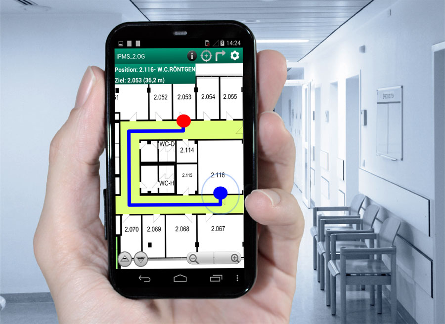 Sich auch in Gebäuden einfach mit einer Navigations-App orientieren: Fraunhofer-Forscher nutzen dafür die WLAN-Signale in Innenräumen. Bild: Fraunhofer-Institut für Photonische Mikrosysteme IPMS